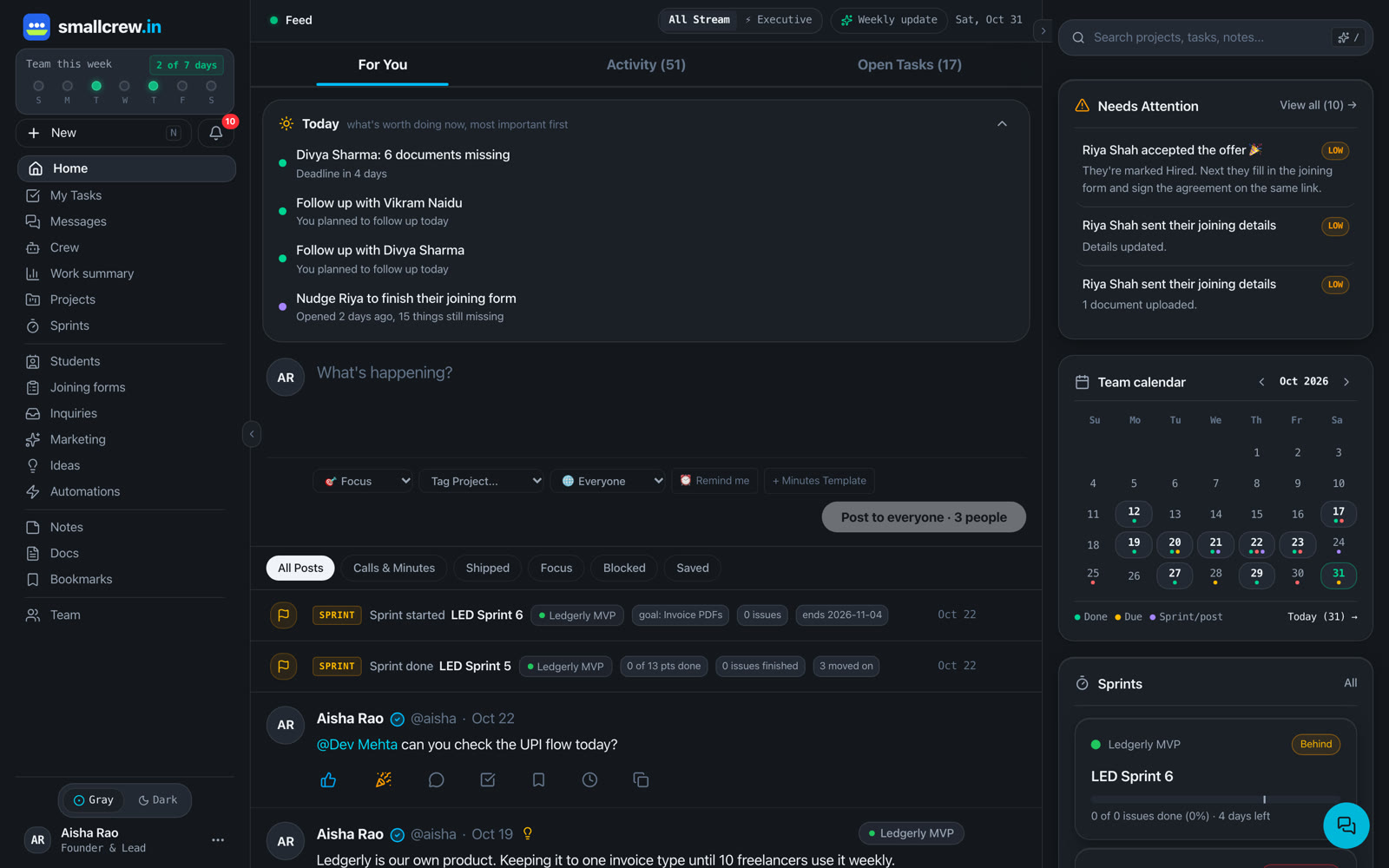 Home: the Today list on top of the team feed